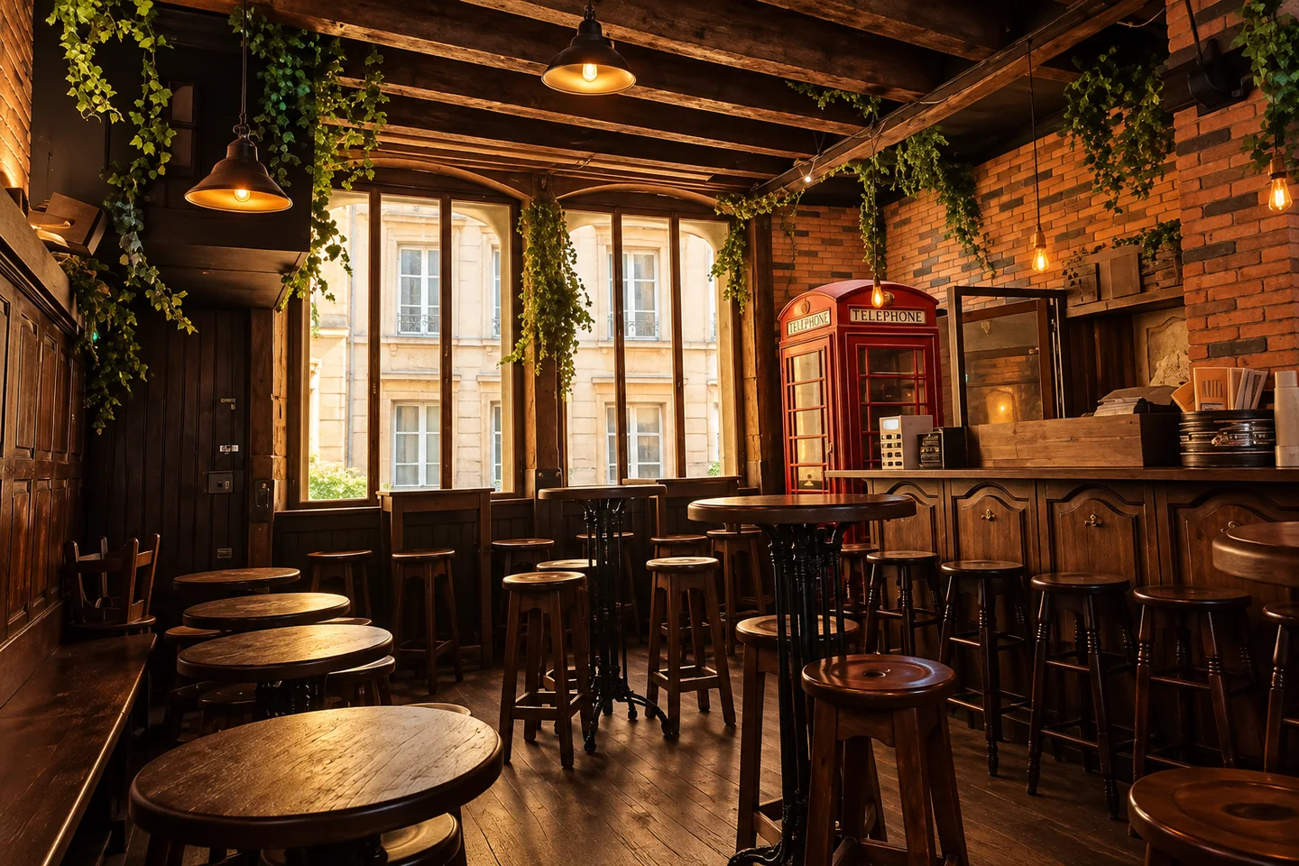 La salle du James Beer House, ses boiseries et ses tables.