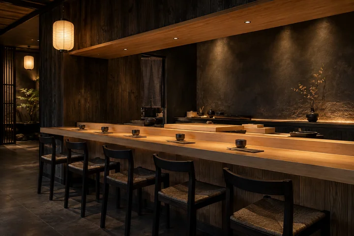 Le comptoir en bois clair et les lanternes de papier.