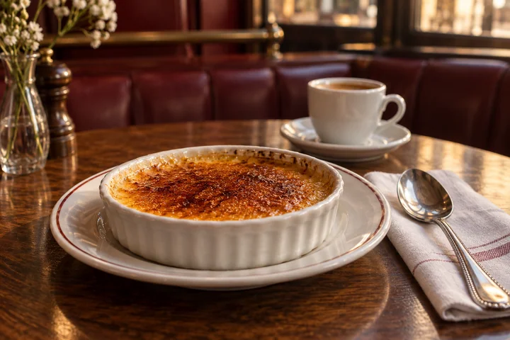 La fine croûte caramélisée d’une crème brûlée.