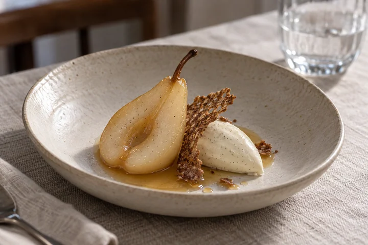 Poire pochée, crème et tuile de sarrasin.