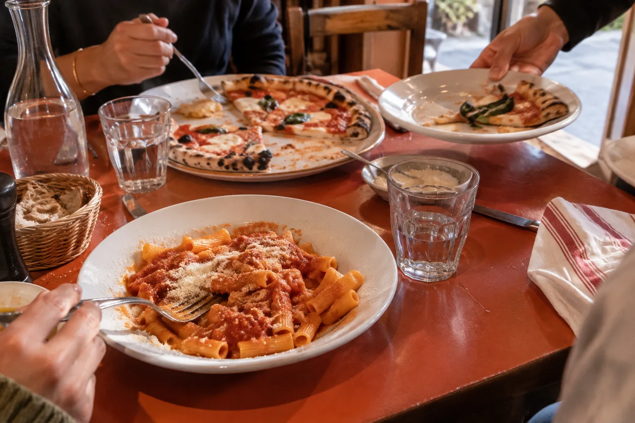 Rigatoni, pizza à partager et verres d’eau sur une table de trattoria.