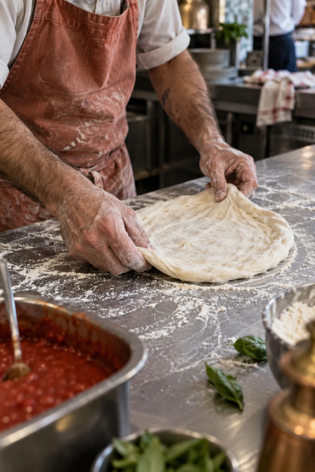 Des mains farinées étirent une pâte à pizza sur le plan de travail.
