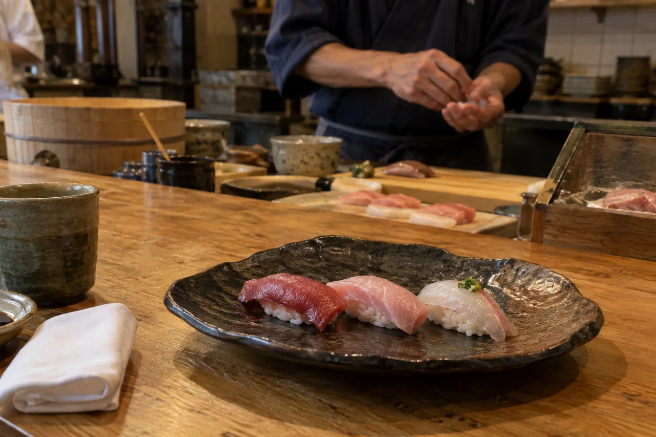 Trois nigiri servis au comptoir, le chef prépare la suite en arrière-plan.