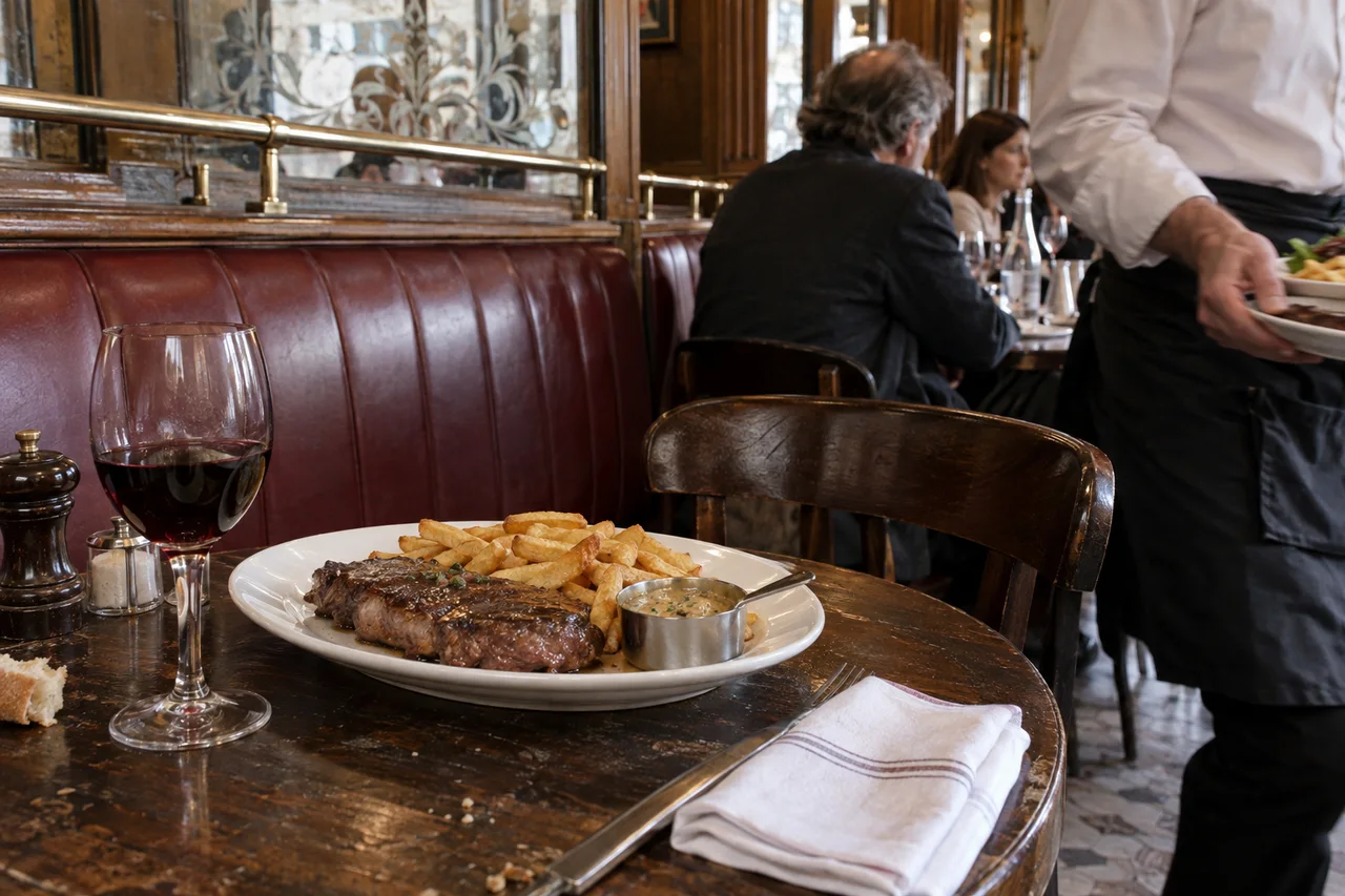 Steak-frites et verre de vin devant une banquette de brasserie.