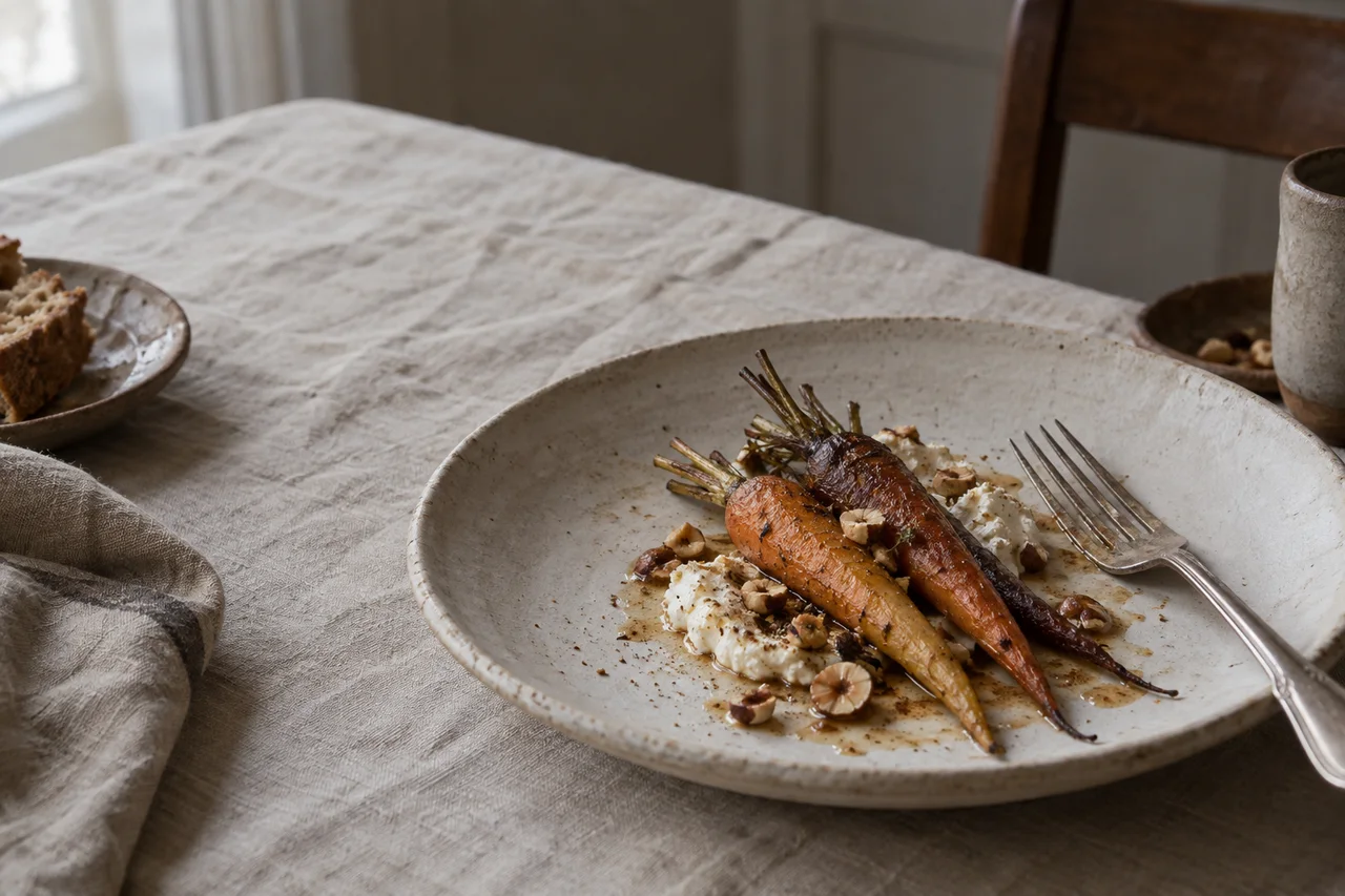 Carottes rôties, fromage frais et noisettes sur une assiette en céramique.