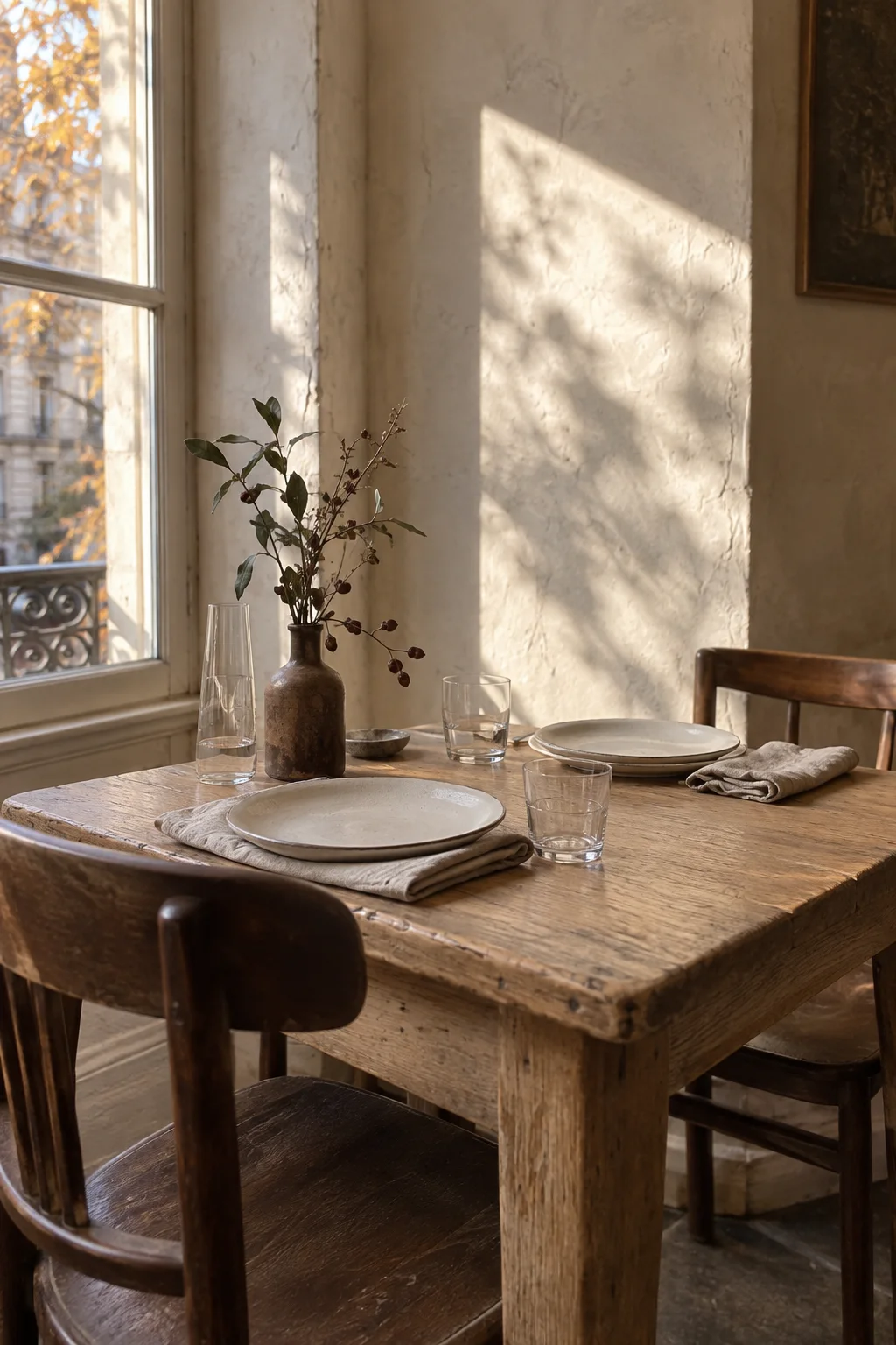 Une table en bois dressée près d’une fenêtre, à la lumière de l’après-midi.